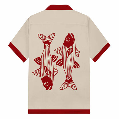 Khaki Retro Fish Pattern Camp Collar Short Sleeve Shirt