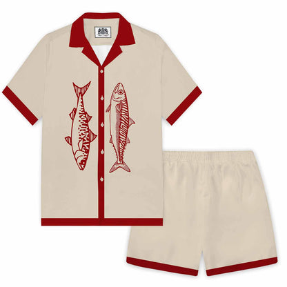 Khaki Retro Fish Pattern Elastic Waistband Summer Casual Shorts