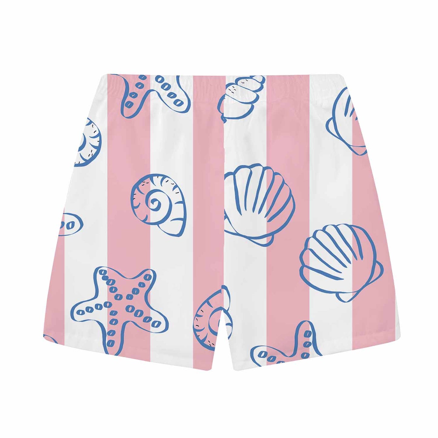 Pink And White Vertical Stripes Beach Shell Print Elastic Waistband Summer Casual Shorts