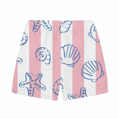 Pink And White Vertical Stripes Beach Shell Print Elastic Waistband Summer Casual Shorts