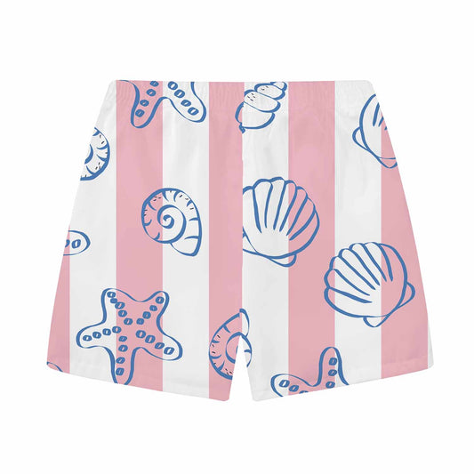 Pink And White Vertical Stripes Beach Shell Print Elastic Waistband Summer Casual Shorts
