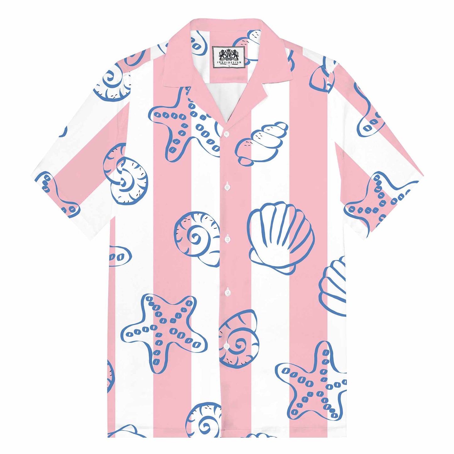 Pink And White Vertical Stripes Beach Shell Print Camp Collar Short Sleeve Shirt