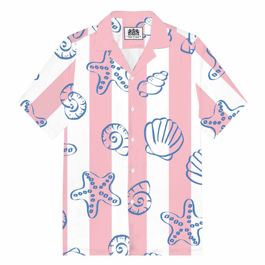 Pink And White Vertical Stripes Beach Shell Print Camp Collar Short Sleeve Shirt