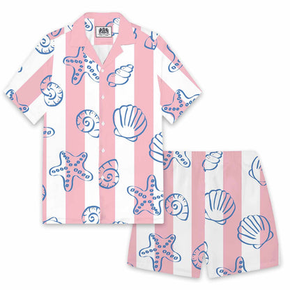 Pink And White Vertical Stripes Beach Shell Print Elastic Waistband Summer Casual Shorts