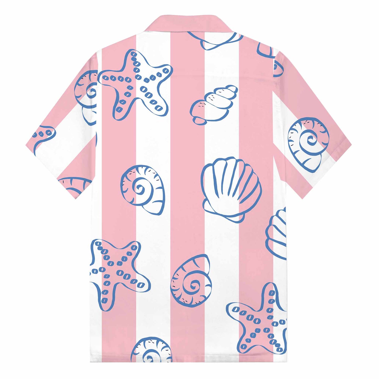 Pink And White Vertical Stripes Beach Shell Print Camp Collar Short Sleeve Shirt