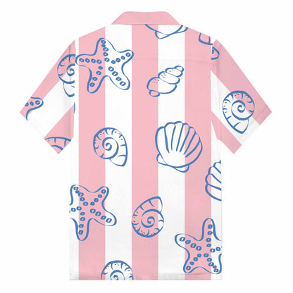 Pink And White Vertical Stripes Beach Shell Print Camp Collar Short Sleeve Shirt