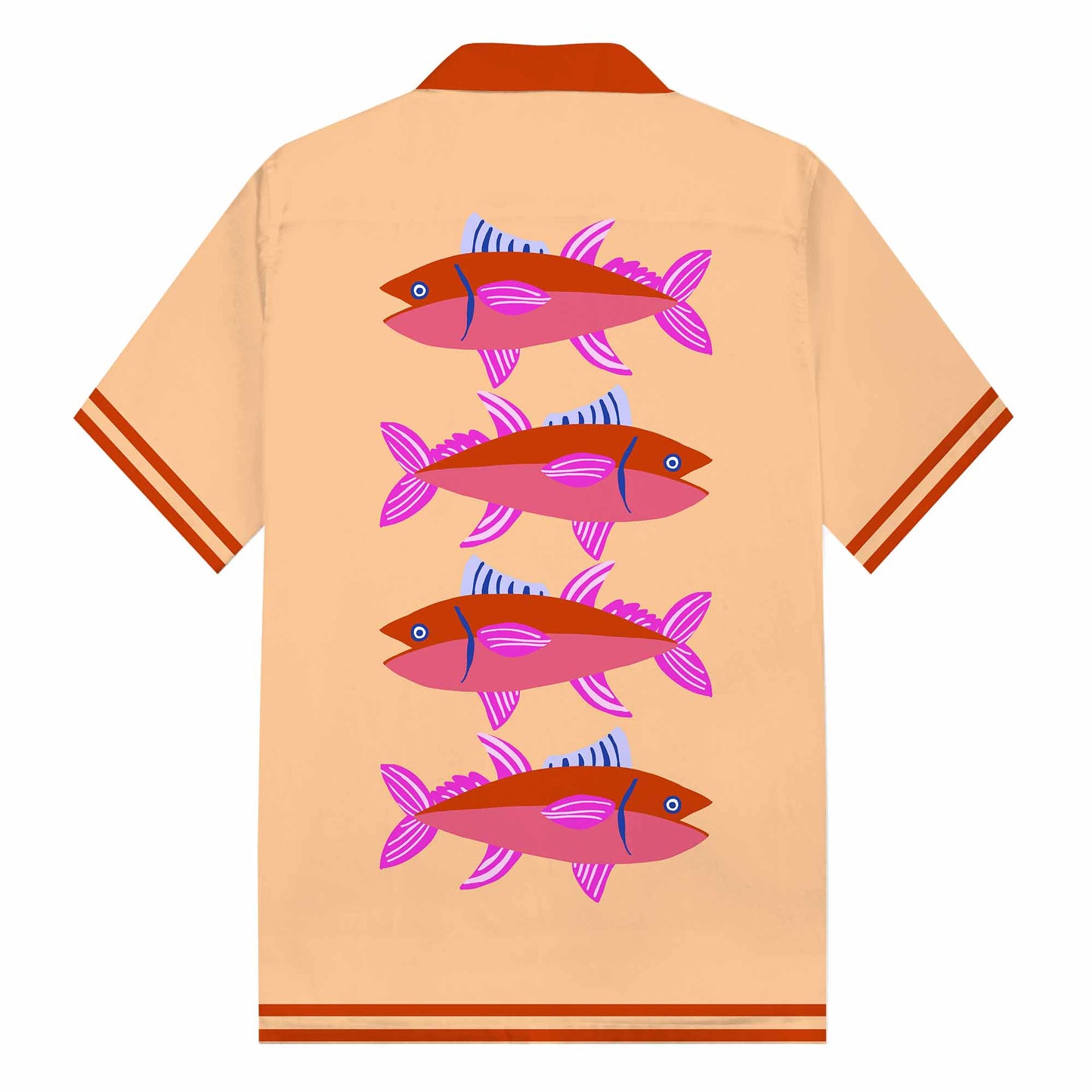 Color-Blocked Fish Pattern Camp Collar Short Sleeve Shirt