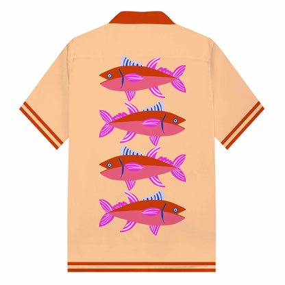 Color-Blocked Fish Pattern Camp Collar Short Sleeve Shirt
