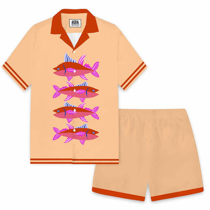 Color-Blocked Fish Pattern Camp Collar Short Sleeve Shirt