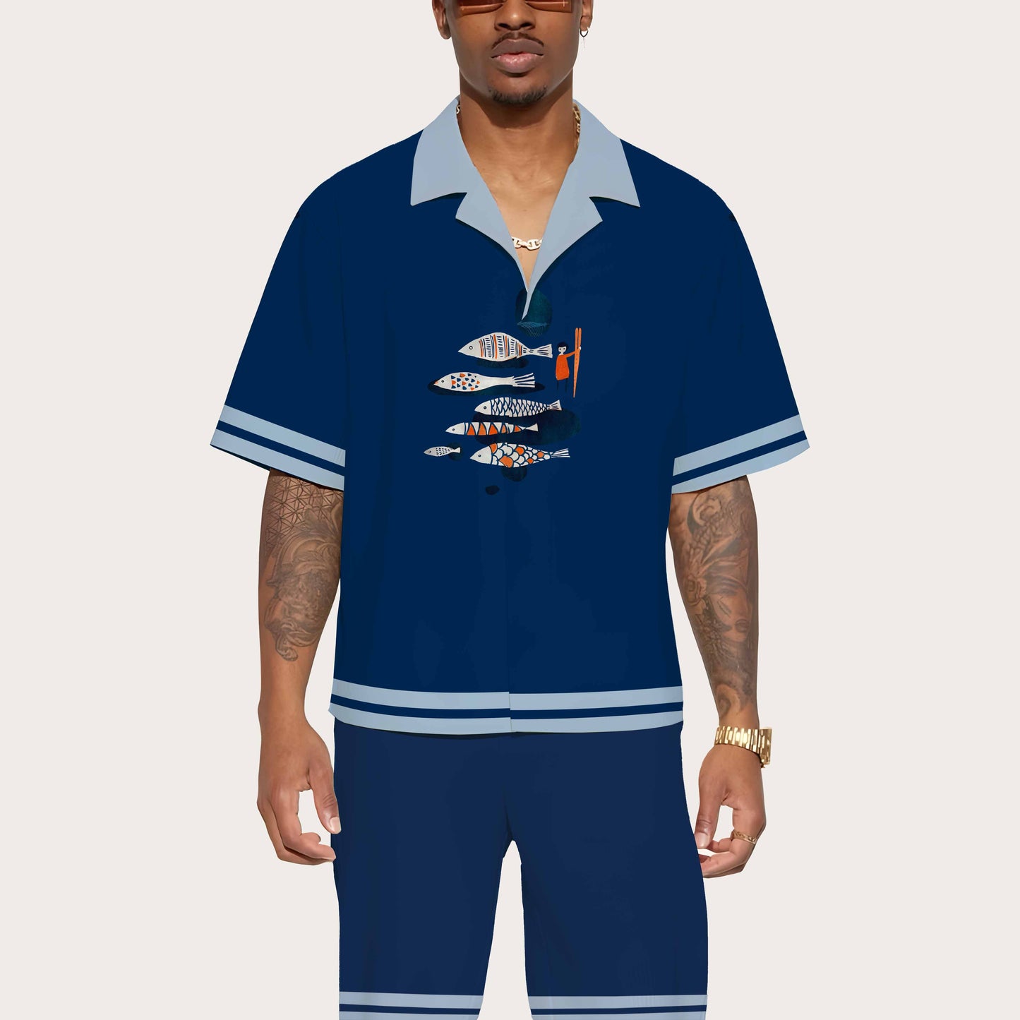 Dark Blue Fun Fish Print Camp Collar Short Sleeve Shirt