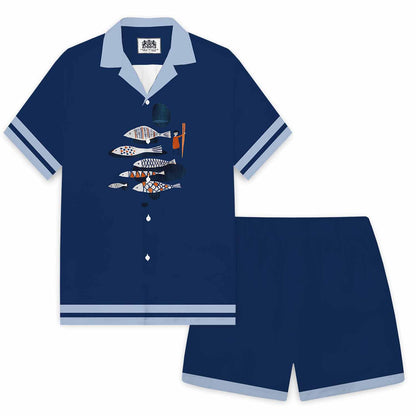 Dark Blue Fun Fish Print Elastic Waistband Summer Casual Shorts