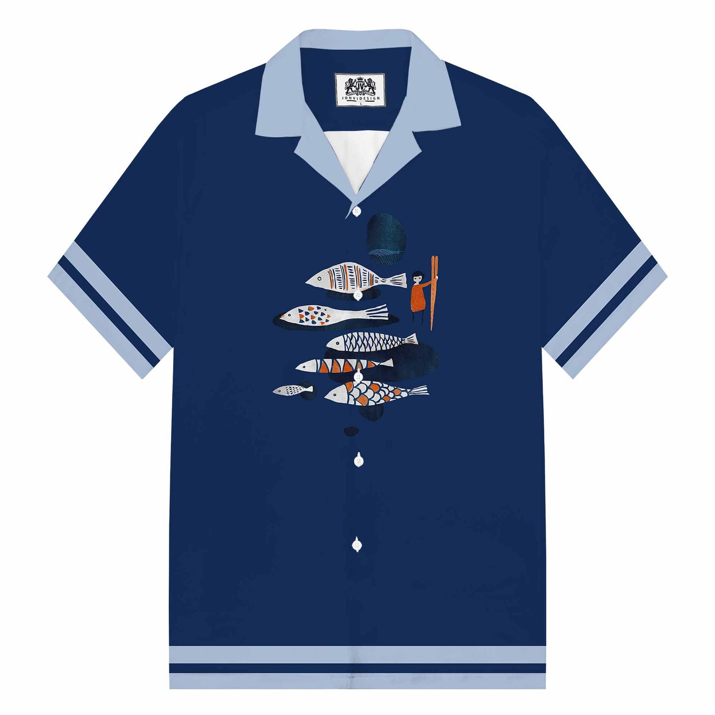 Dark Blue Fun Fish Print Camp Collar Short Sleeve Shirt