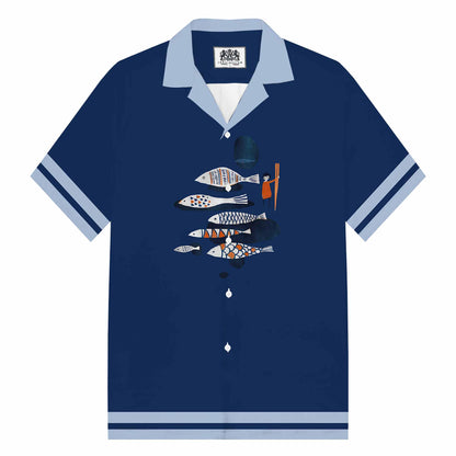 Dark Blue Fun Fish Print Camp Collar Short Sleeve Shirt