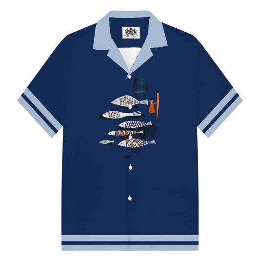 Dark Blue Fun Fish Print Camp Collar Short Sleeve Shirt