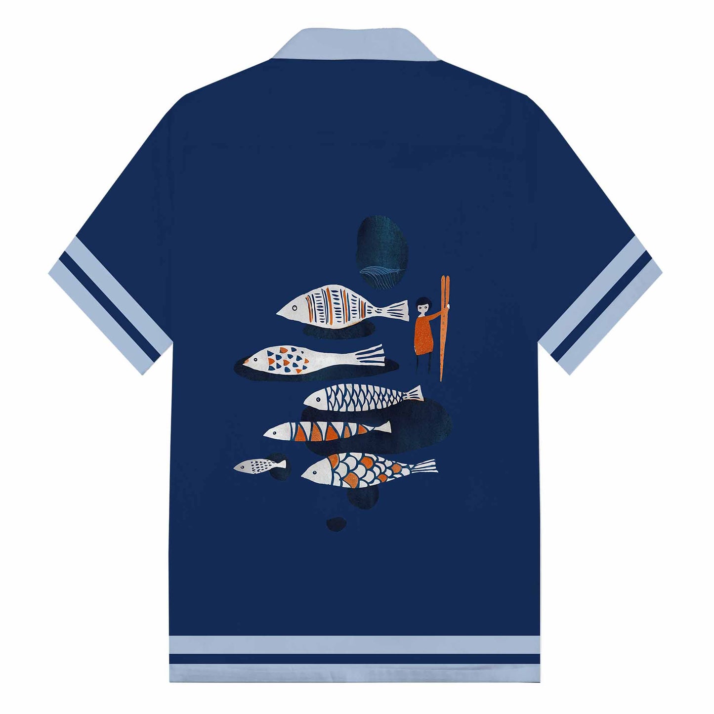 Dark Blue Fun Fish Print Camp Collar Short Sleeve Shirt