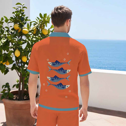 Fish Blowing Bubbles Orange Elastic Waistband Summer Casual Shorts