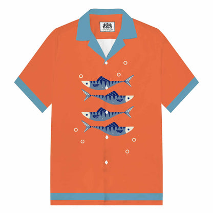 Fish Blowing Bubbles Orange Camp Collar Short Sleeve Shirt