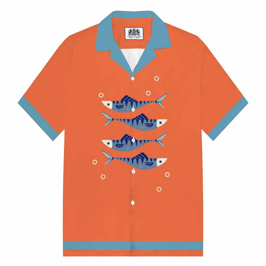 Fish Blowing Bubbles Orange Camp Collar Short Sleeve Shirt