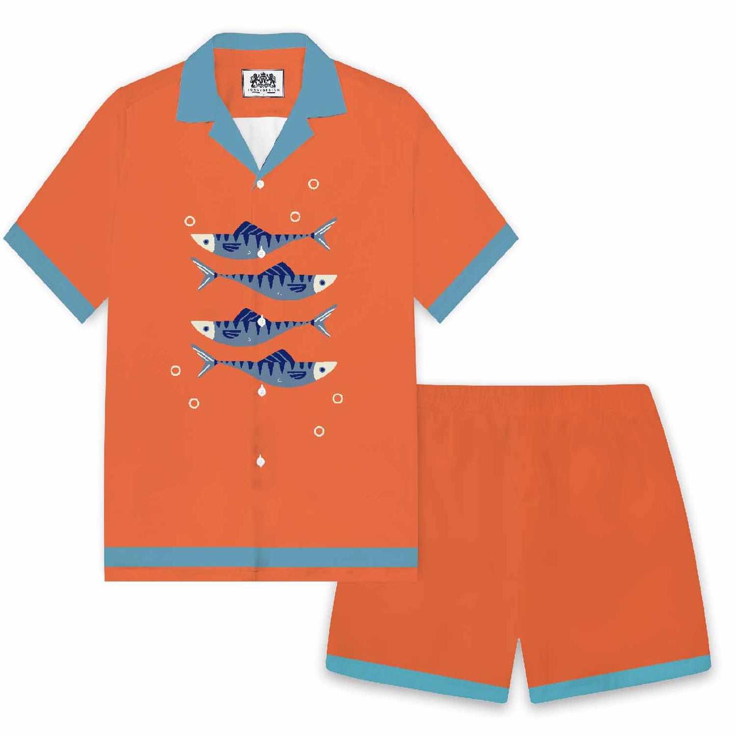Fish Blowing Bubbles Orange Camp Collar Short Sleeve Shirt