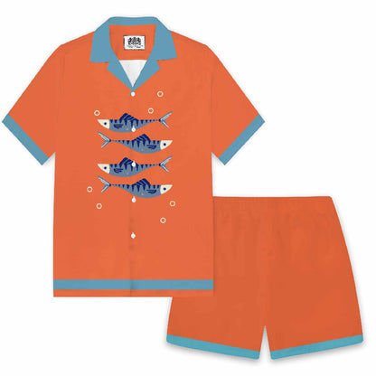 Fish Blowing Bubbles Orange Camp Collar Short Sleeve Shirt