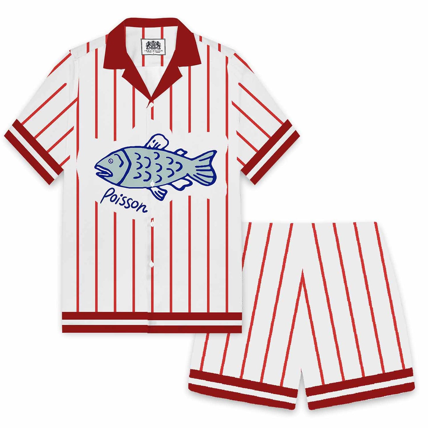 Vertical Striped Fish Pattern Elastic Waistband Summer Casual Shorts