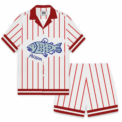 Vertical Striped Fish Pattern Elastic Waistband Summer Casual Shorts