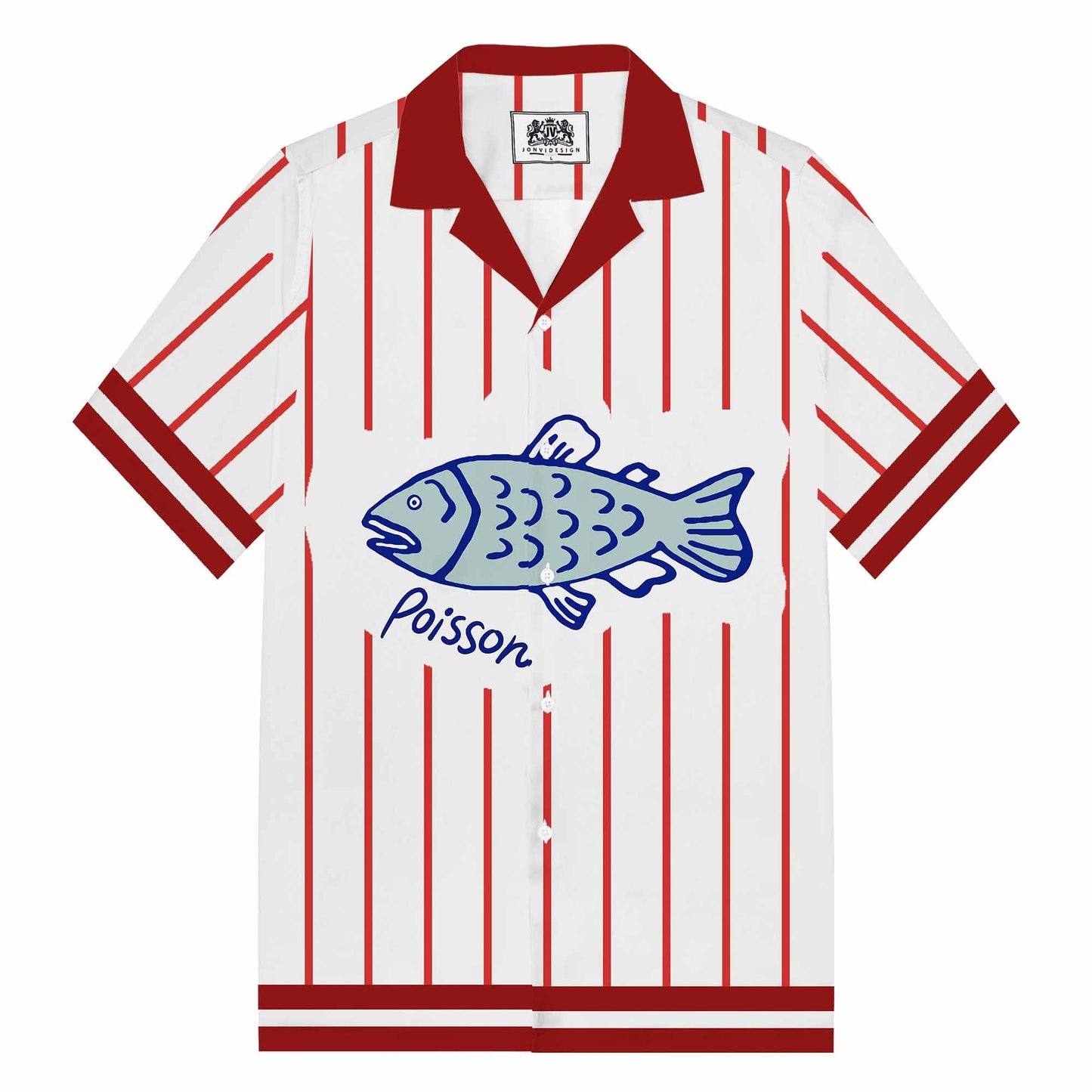 Vertical Striped Fish Pattern Camp Collar Short Sleeve Shirt