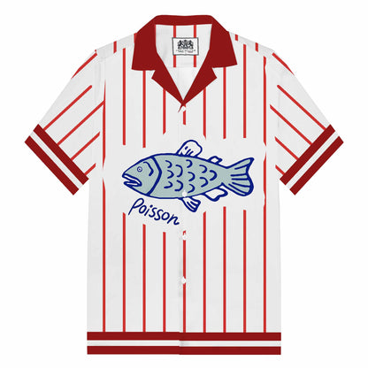 Vertical Striped Fish Pattern Camp Collar Short Sleeve Shirt