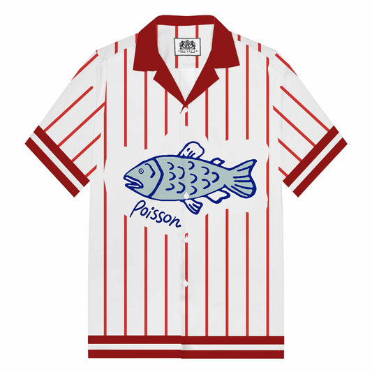 Vertical Striped Fish Pattern Camp Collar Short Sleeve Shirt