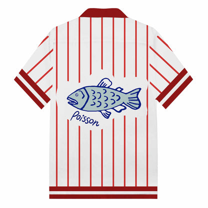 Vertical Striped Fish Pattern Camp Collar Short Sleeve Shirt