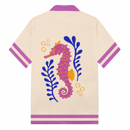 Ocean-Themed Seahorse Print Camp Collar Short Sleeve Shirt