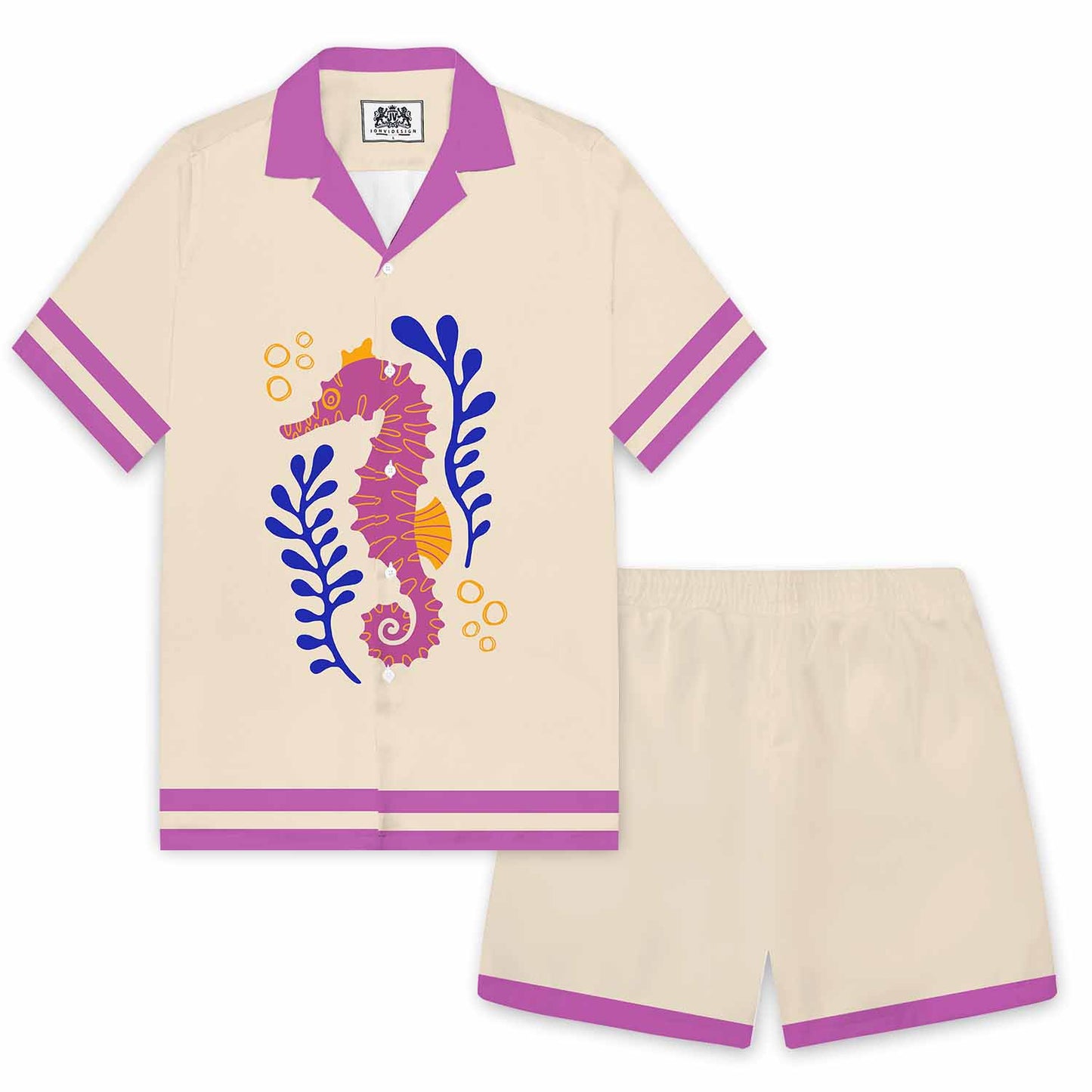 Ocean-Themed Seahorse Print Camp Collar Short Sleeve Shirt