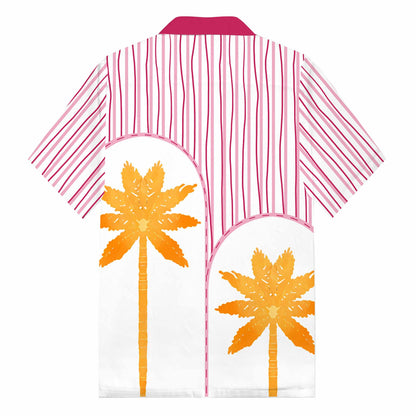 Summer Vertical Striped Coconut Tree Print Camp Collar Short Sleeve Shirt
