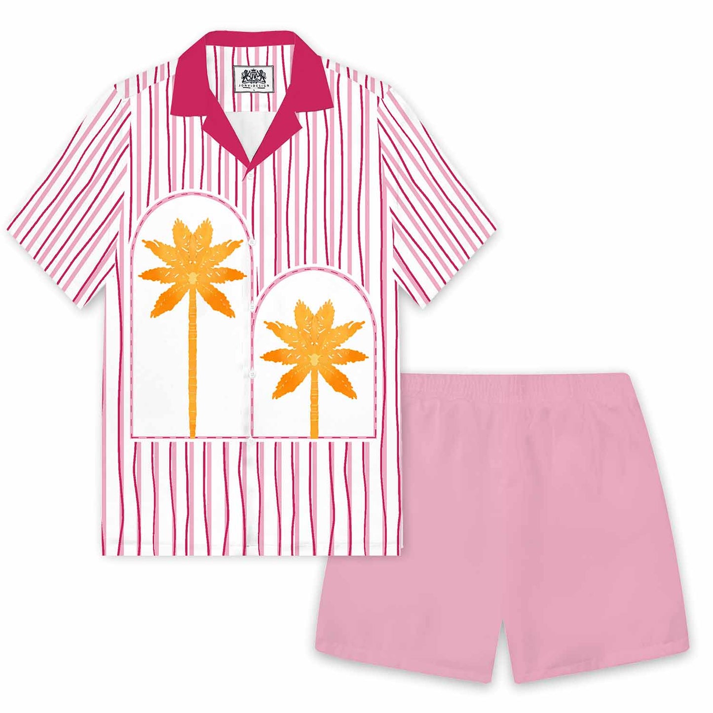 Summer Vertical Striped Coconut Tree Print Camp Collar Short Sleeve Shirt