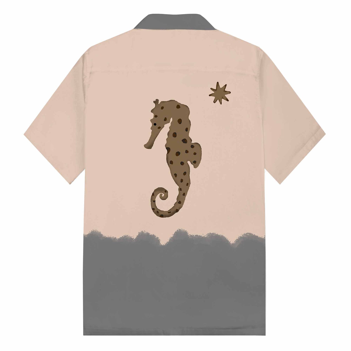 Ocean-Style Brown Seahorse Pattern Camp Collar Short Sleeve Shirt