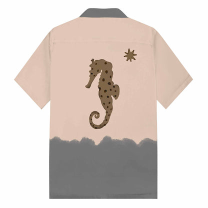 Ocean-Style Brown Seahorse Pattern Camp Collar Short Sleeve Shirt