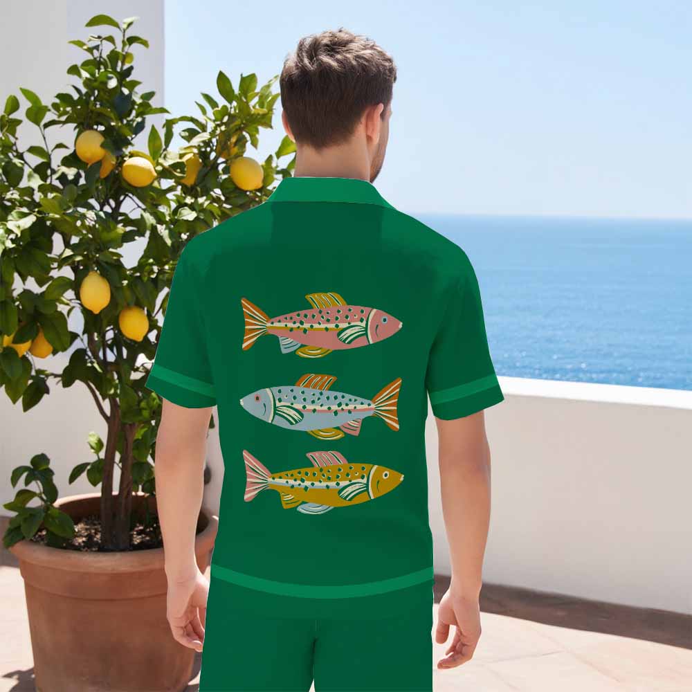 Colorful Fish Print Camp Collar Short Sleeve Shirt