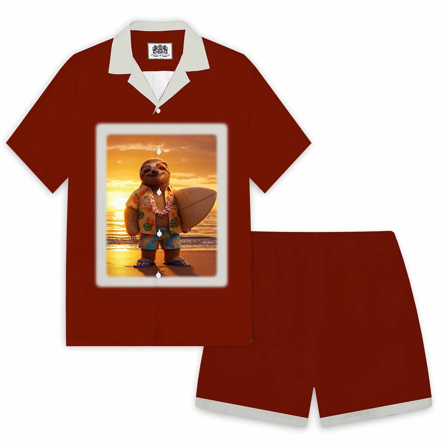 Hawaiian Cute Sloth Print Camp Collar Short Sleeve Shirt