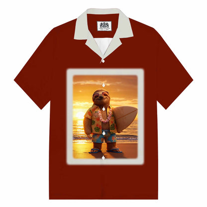 Hawaiian Cute Sloth Print Camp Collar Short Sleeve Shirt