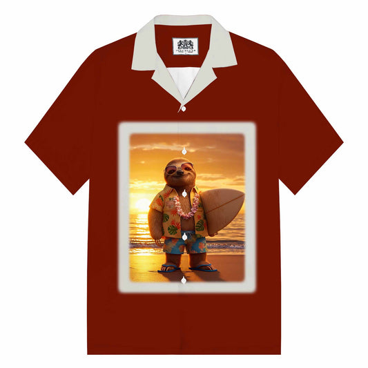 Hawaiian Cute Sloth Print Camp Collar Short Sleeve Shirt