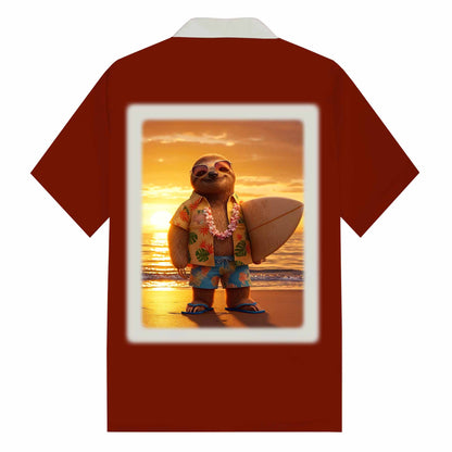 Hawaiian Cute Sloth Print Camp Collar Short Sleeve Shirt