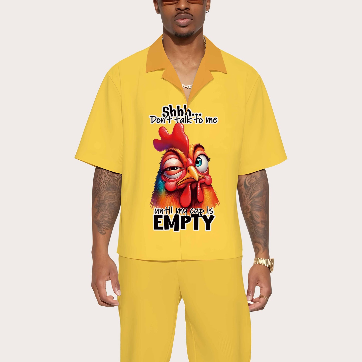 Yellow Rooster Head Pattern Camp Collar Short Sleeve Shirt
