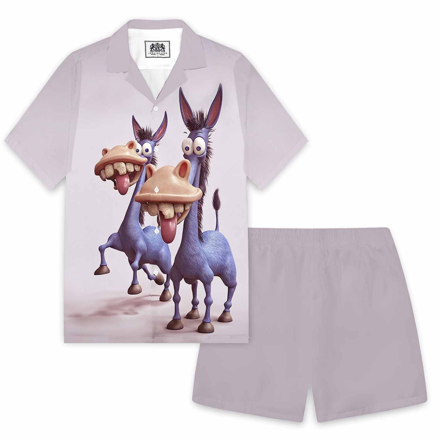 Funny Donkey Print Camp Collar Short Sleeve Shirt