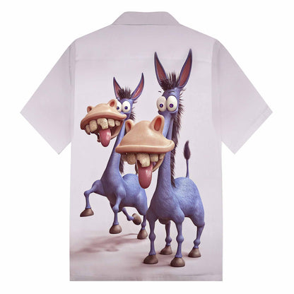 Funny Donkey Print Camp Collar Short Sleeve Shirt