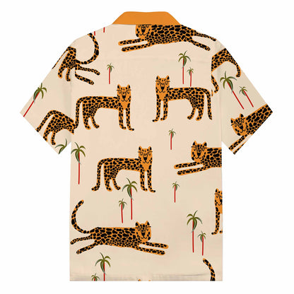Tropical Leopard Print Camp Collar Short Sleeve Shirt