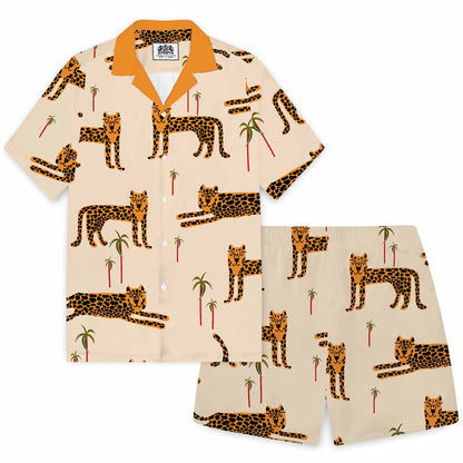 Tropical Leopard Print Camp Collar Short Sleeve Shirt