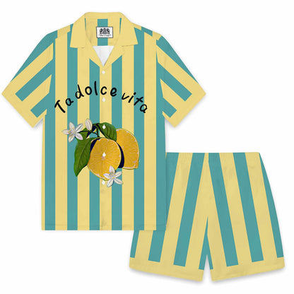 Striped Lemon Fruit And Lemon Flower Pattern Camp Collar Short Sleeve Shirt