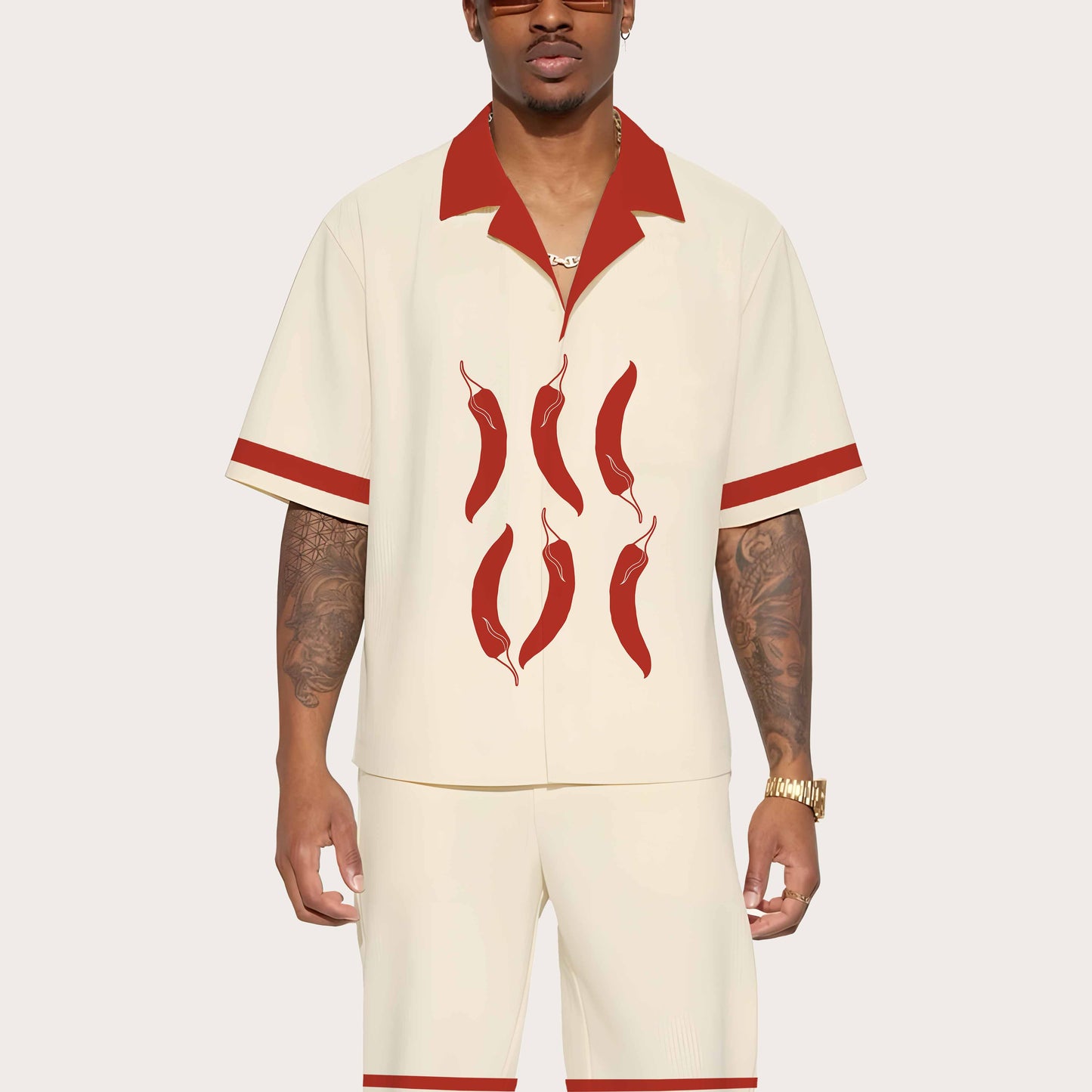 Red Chili Pepper Casual Camp Collar Short-Sleeved Shirt