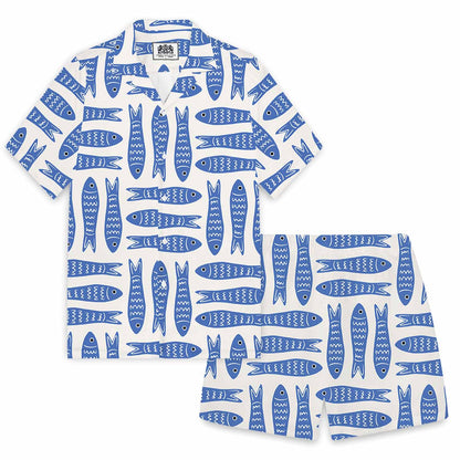 Summer Hawaiian Blue Fish Pattern Camp Collar Short Sleeve Shirt