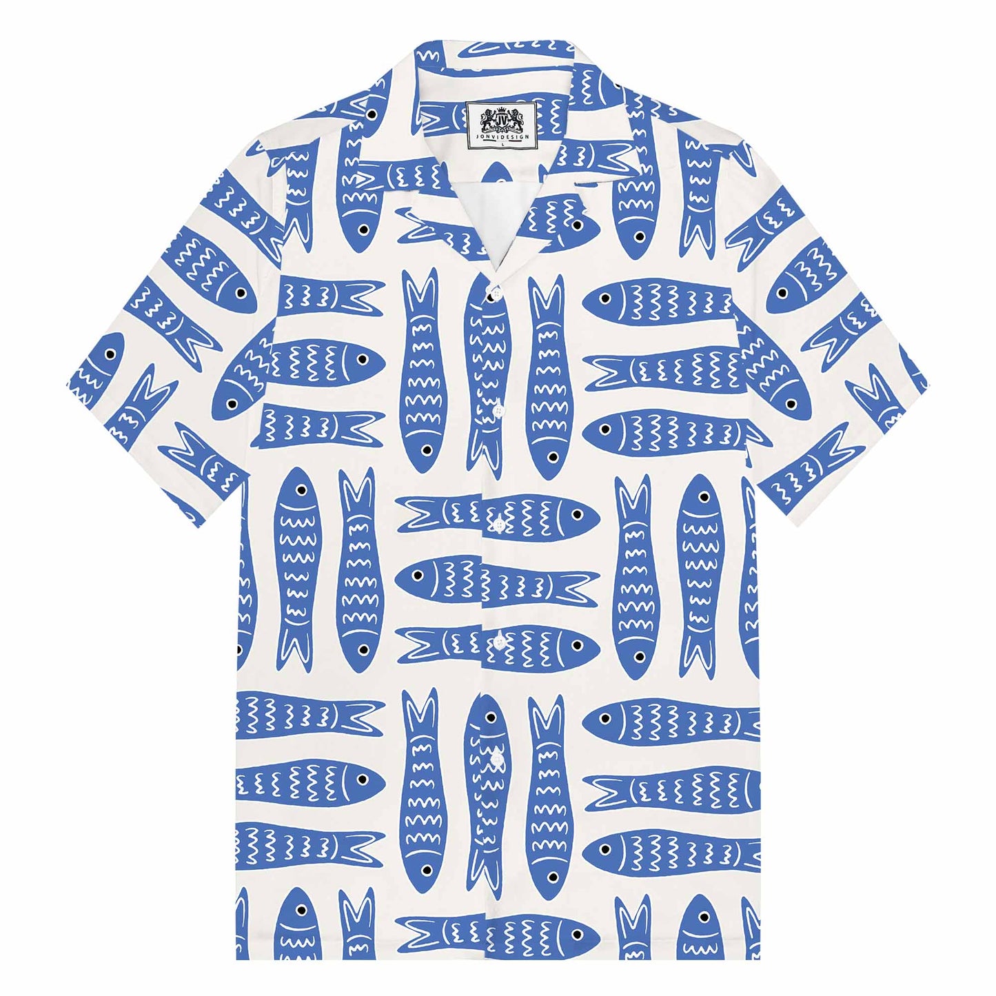 Summer Hawaiian Blue Fish Pattern Camp Collar Short Sleeve Shirt